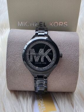 Michael Kors Women's Black Glitz MK Logo Bracelet Watch Original Brand New